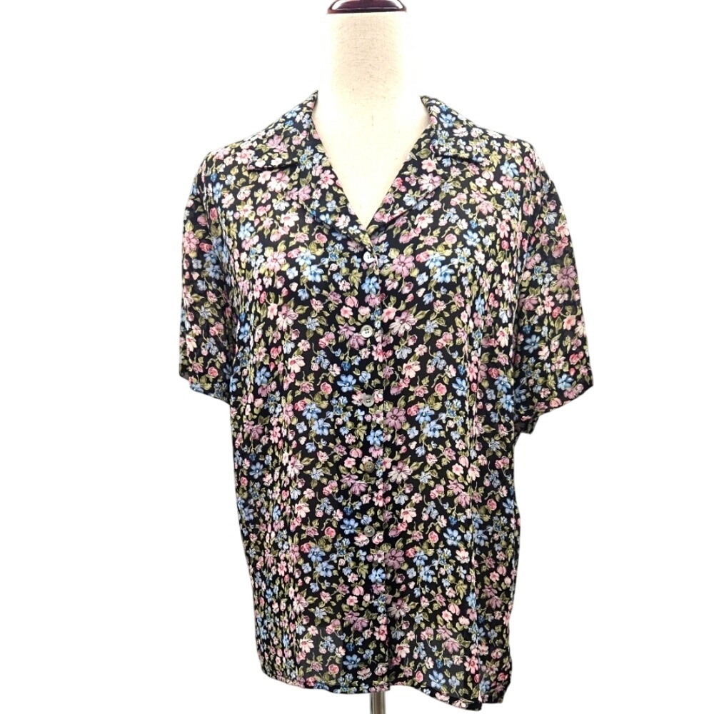 Emma James Floral Print Short Sleeve Button Up Shirt Women 14W Black Pink‎ Blue